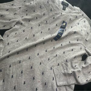 NEW Polo Ralph Lauren Gray Long Sleeve Thermal Tee with Navy Pony Repeat Logo XL